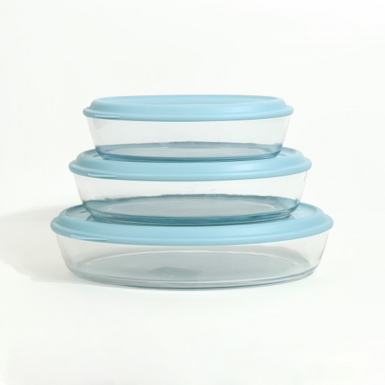 Oval Glass Tray Set with Plastic Lids - 3 Pieces - 2M1GG900065