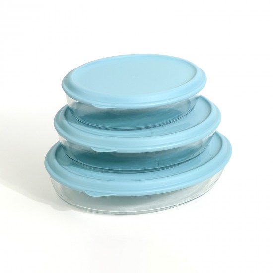 Oval Glass Tray Set with Plastic Lids - 3 Pieces - 2M1GG900065