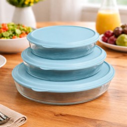Oval Glass Tray Set with Plastic Lids - 3 Pieces - 2M1GG900065