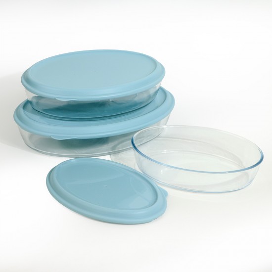 Oval Glass Tray Set with Plastic Lids - 3 Pieces - 2M1GG900065