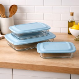 Rectangular glass tray set with plastic lid - 3 pieces - 2M1GG900067
