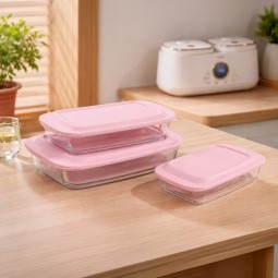 Rectangular glass tray set with plastic lid - 3 pieces - 2M1GG900066