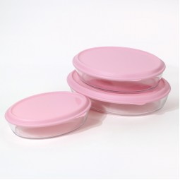 Oval Glass Tray Set with Plastic Lids - Pink - 3 Pieces - 2M1GG900068