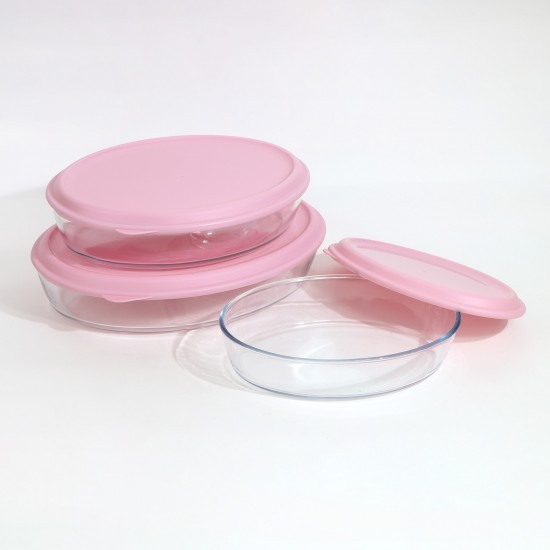 Oval Glass Tray Set with Plastic Lids - Pink - 3 Pieces - 2M1GG900068