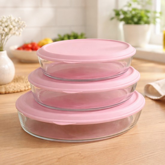 Oval Glass Tray Set with Plastic Lids - Pink - 3 Pieces - 2M1GG900068
