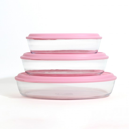 Oval Glass Tray Set with Plastic Lids - Pink - 3 Pieces - 2M1GG900068
