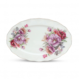 Pink Floral Patterned Plate - Oval - 36 x 25 cm