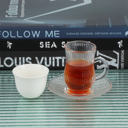 Coffee and tea cup set - elegant - white and transparent stripes - 36 pieces