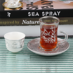 Elegant Coffee and Tea Cup Set - White Silver - 36 Pieces