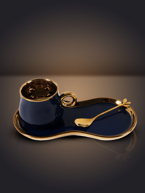 3-piece cup and saucer set with spoon, dark blue with golden edges