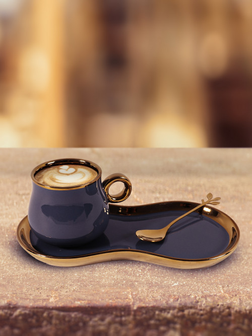 3-piece cup and saucer set with spoon, dark blue with golden edges