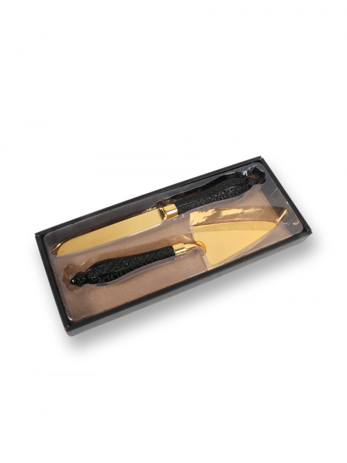 Gold / black cake knife set engraved with stars 2 pieces