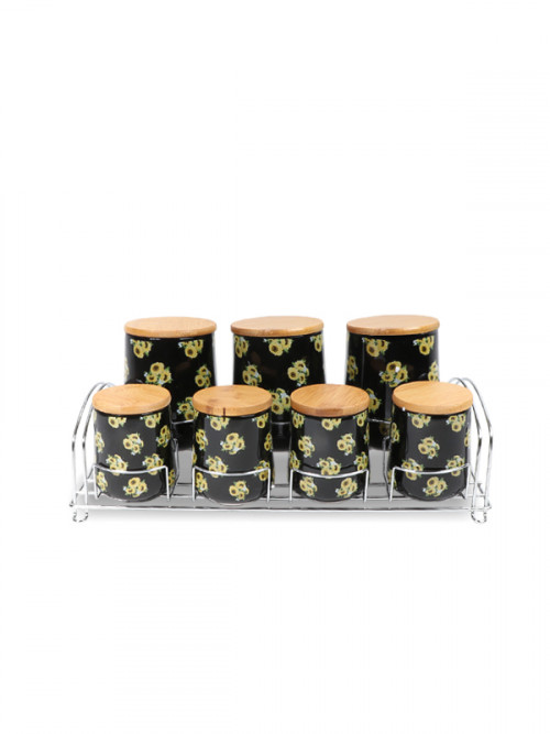 Ceramic spice set with wooden lid 7 pieces