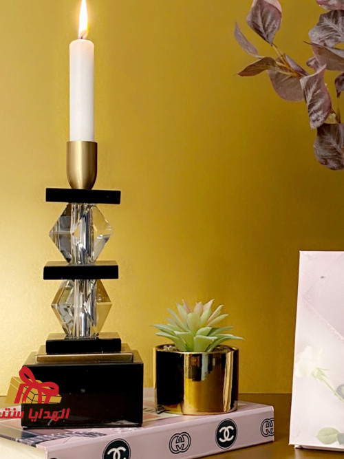 Gold/Black Candlestick with Crystal Marble Square Base