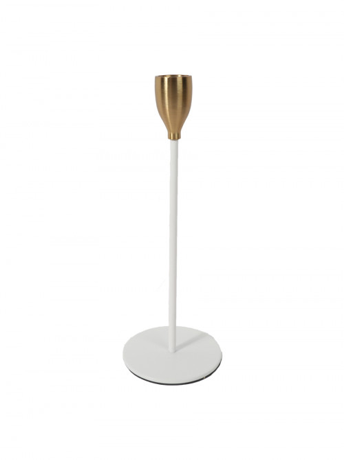 A set of gold and white candlesticks with a circular base in 3 different sizes