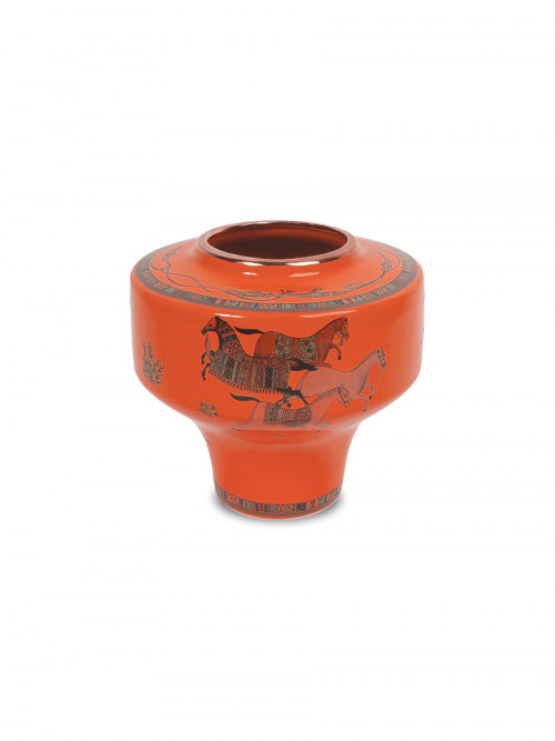 Orange vase, drawings of horse, ceramic s