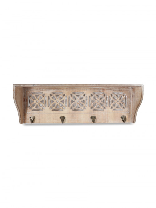 Wooden shelf with decorations and 4 metal hangings Size: 60 * 20 cm
