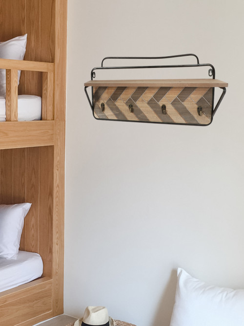 Wooden shelf decorated with metal hangings and edges