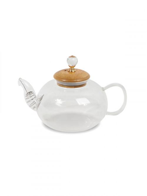 إبريق شاي زجاج مُقاوم للحرارة شفاف بقاعدة خشبية مقاس 600مل