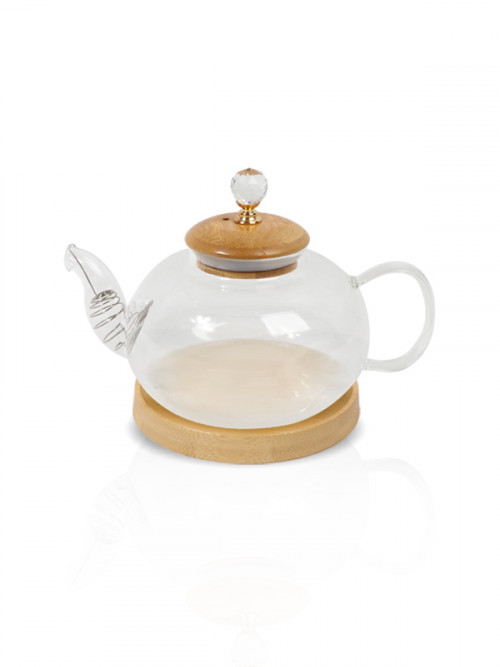 إبريق شاي زجاج مُقاوم للحرارة شفاف بقاعدة خشبية مقاس 600مل