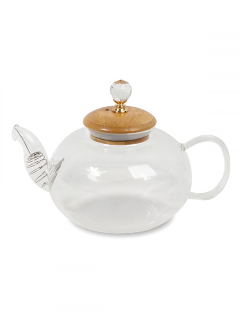 إبريق شاي زجاج مُقاوم للحرارة شفاف بقاعدة خشبية مقاس 950مل
