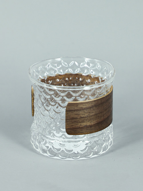 Glass cup with wooden handle Size: 7*7 cm