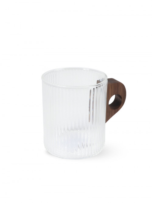 clear glass mug with wooden handle