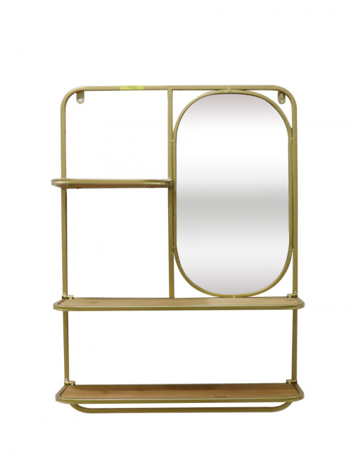 Gold Plated Metal Wall Shelf With Round Mirrors Size 72 Cm X 50 - Gold Metal Wall Shelf With Mirror