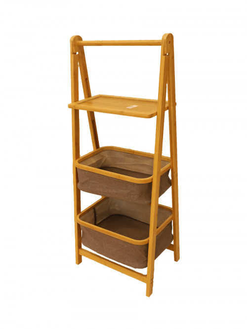 Wooden stand with 2 baskets and a wooden shelf