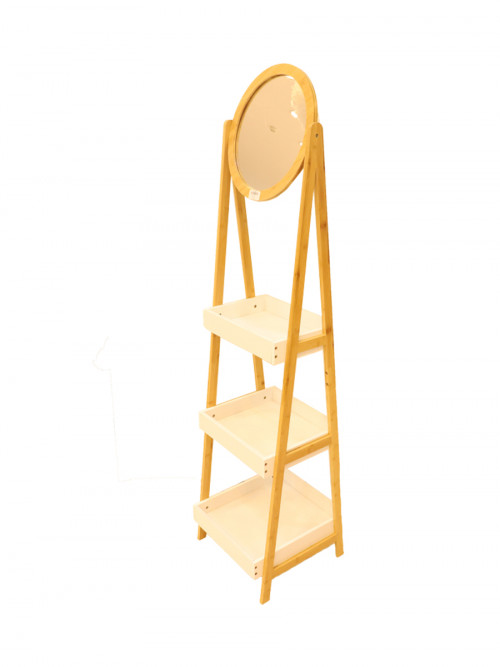 Wooden stand with mirrors and three shelves of different sizes, white color