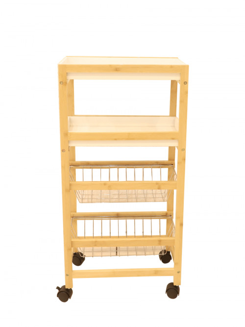 Wooden stand with 2 shelves and 2 metal baskets