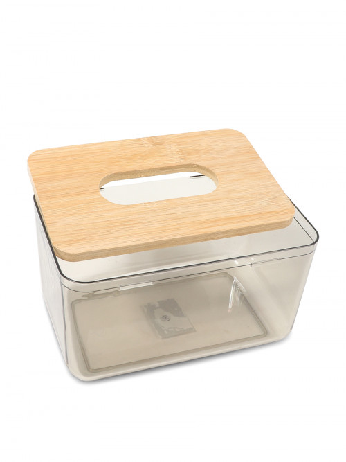 Plastic tissue box with wooden lid