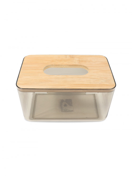 Plastic tissue box with wooden lid