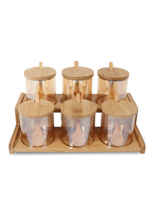 Set of clear glass spices with wooden lid and wooden stand 13pieces