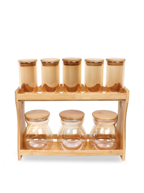Set of clear glass spices with wooden lid and wooden stand 9 pieces