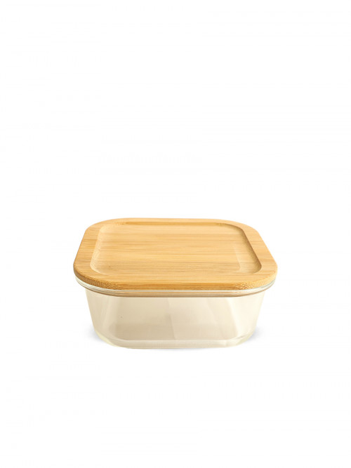 Square shape clear glass case with wooden lid