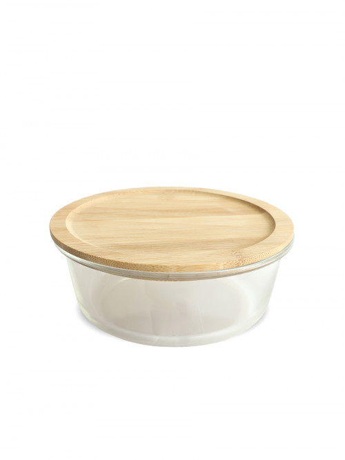 Round transparent glass case with wooden lid