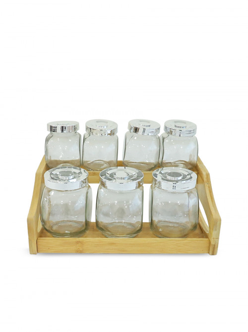 Set of 6 clear glass spice containers with wooden stand