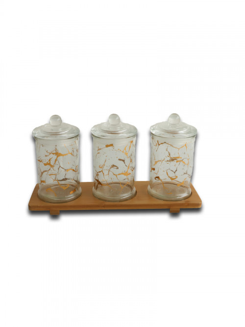 Set of 3 decorative transparent glass spice containers with a wooden stand