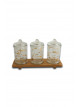 Set of 3 decorative transparent glass spice containers with a wooden stand