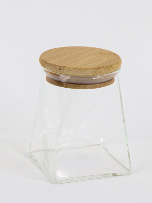 برطمان زجاجي بغطاء خشبي محكم الإغلاق بتصميم مبتكر على شكل مربع شفاف 8*8*10 سم