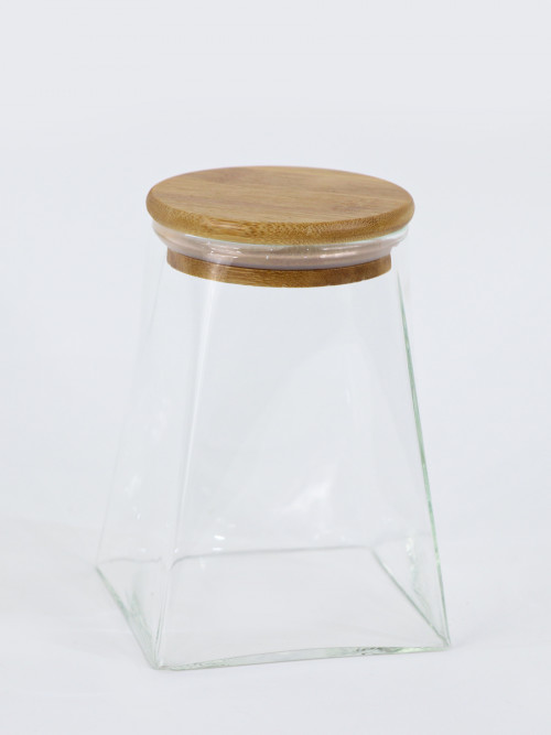 Innovative square shaped clear glass jar with wooden lid 10*10*14 cm
