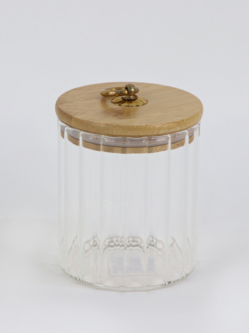 Transparent glass jar with wooden lid 9*11 cm