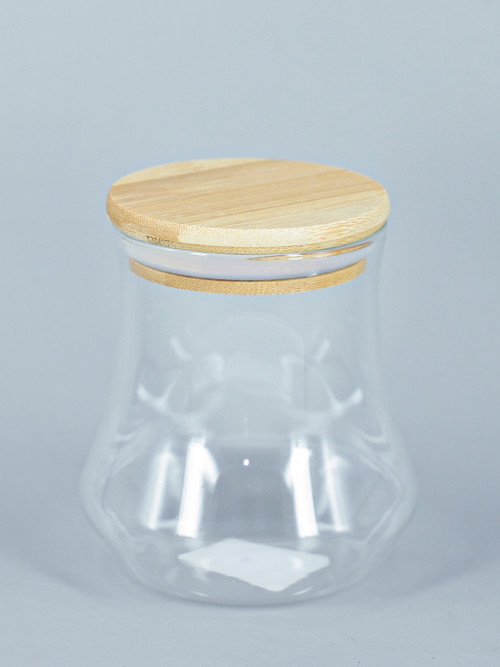  برطمان زجاجي شفاف دائري الشكل مع غطاء خشبي 12*14سم