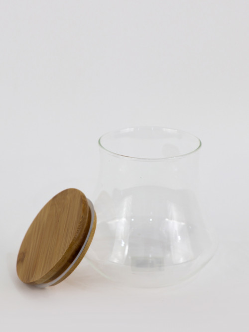 Round transparent glass jar with wooden lid 11*12cm