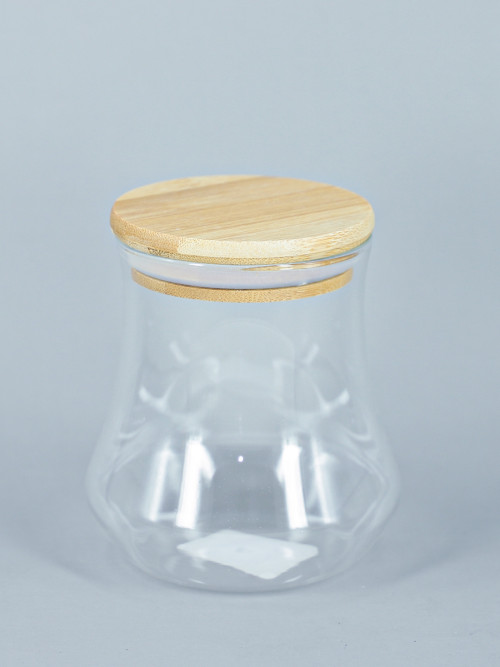  برطمان زجاجي شفاف دائري الشكل مع غطاء خشبي 10*11سم