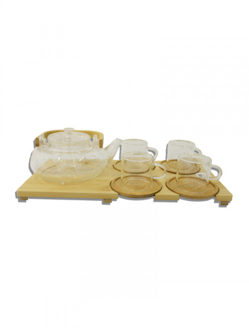 Transparent glass teapot with a capacity of: 800 ml liter with 4 cups with wooden tops