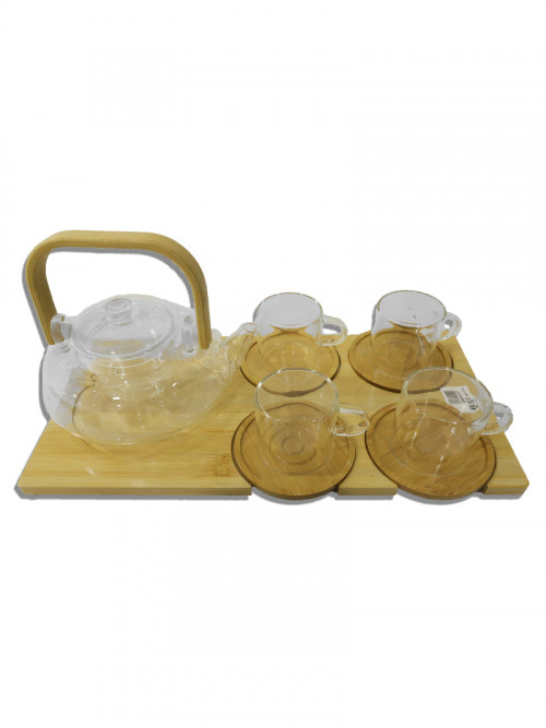 ابريق شاي زجاجي شفاف بسعة: 800 مل لتر مع 4 فناجين مع تبسي خشبي 