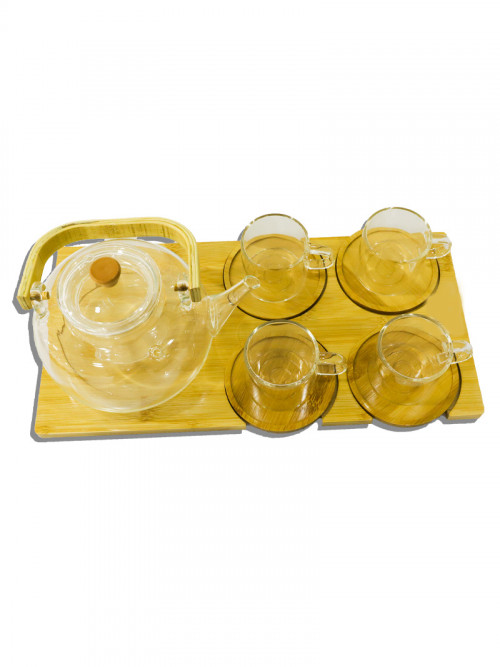 ابريق شاي زجاجي شفاف بسعة: 800 مل لتر مع 4 فناجين مع تبسي خشبي 