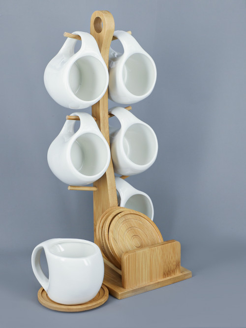 Wooden stand with 6 cups and saucers, size: 36 * 15 cm